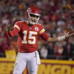 
              Kansas City Chiefs quarterback Patrick Mahomes reacts during the first half of an NFL football game against the Tennessee Titans Sunday, Nov. 6, 2022, in Kansas City, Mo. (AP Photo/Ed Zurga)
            