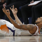 
              Phoenix Suns guard Cameron Payne celebrates his 3-point field goal, on which he was fouled by a Minnesota Timberwolves player during the fourth quarter of an NBA basketball game Wednesday, Nov. 9, 2022, in Minneapolis. The Suns won 129-117. (AP Photo/Bruce Kluckhohn)
            