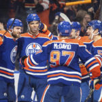 
              Edmonton Oilers' Leon Draisaitl (29), Darnell Nurse (25), Connor McDavid (97), Devin Shore (14) and Dylan Holloway (55) celebrate a goal against the Florida Panthers during overtime of an NHL hockey game in Edmonton, Alberta, Monday, Nov. 28, 2022. (Jason Franson/The Canadian Press via AP)
            