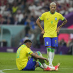 
              Brazil's Neymar, left, and Brazil's Richarlison pause during the World Cup group G soccer match between Brazil and Serbia, at the Lusail Stadium in Lusail, Qatar, Thursday, Nov. 24, 2022. (AP Photo/Aijaz Rahi)
            