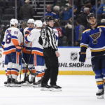 
              New York Islanders' Jean-Gabriel Pageau (44) celebrates with teammates after scoring a goal against the St. Louis Blues during the third period of an NHL hockey game Thursday, Nov. 3, 2022, in St. Louis. (AP Photo/Jeff Le)
            