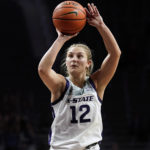 
              Kansas State guard Gabby Gregory shoots a free throw during the second half of an NCAA college basketball game against Iowa Thursday, Nov. 17, 2022, in Manhattan, Kan. Kansas State won 84-83. (AP Photo/Charlie Riedel)
            