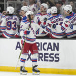
              New York Rangers' Vincent Trocheck celebrates his goal during the second period of an NHL hockey game against the Los Angeles Kings, Tuesday, Nov. 22, 2022, in Los Angeles. (AP Photo/Jae C. Hong)
            