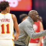 
              Atlanta Hawks head coach Nate McMillan argues a call during the first half of an NBA basketball game against the Cleveland Cavaliers, Monday, Nov. 21, 2022, in Cleveland. (AP Photo/Nick Cammett)
            