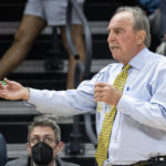 
              La Salle coach Fran Dunphy shouts during the second half of the team's NCAA college basketball game against Villanova, Monday, Nov. 7, 2022, in Villanova, Pa. (AP Photo/Laurence Kesterson)
            