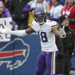 
              Minnesota Vikings wide receiver Justin Jefferson celebrates his touchdown in the first half of an NFL football game against the Buffalo Bills, Sunday, Nov. 13, 2022, in Orchard Park, N.Y. (AP Photo/Joshua Bessex)
            