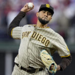 
              San Diego Padres relief pitcher Robert Suarez throws during the seventh inning in Game 5 of the baseball NL Championship Series between the San Diego Padres and the Philadelphia Phillies on Sunday, Oct. 23, 2022, in Philadelphia. (AP Photo/Brynn Anderson)
            