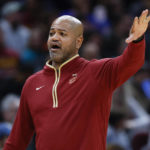 
              Cleveland Cavaliers head coach J.B. Bickerstaff argues a call during the second half of an NBA basketball game against the Miami Heat, Sunday, Nov. 20, 2022, in Cleveland. (AP Photo/Ron Schwane)
            