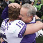 
              FILE - TCU head coach Sonny Dykes, right, hugs quarterback Max Duggan (15) after an NCAA college football game against Bayor in Waco, Texas, on  Nov. 19, 2022. Duggan’s 41st career start for third-ranked TCU will come in the Big 12 championship game on Saturday, Dec, 3, 2022, with the undefeated Horned Frogs on the brink of making the College Football Playoff. (AP Photo/LM Otero, File)
            