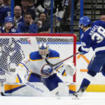
              Tampa Bay Lightning left wing Brandon Hagel (38) prepares to score past Buffalo Sabres goaltender Eric Comrie (31) during the third period of an NHL hockey game Saturday, Nov. 5, 2022, in Tampa, Fla. (AP Photo/Chris O'Meara)
            