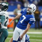 
              Indianapolis Colts kicker Chase McLaughlin (7) watches as he misses a field goal in the second half of an NFL football game against the Philadelphia Eagles in Indianapolis, Fla., Sunday, Nov. 20, 2022. (AP Photo/Darron Cummings)
            