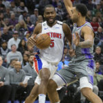 
              Detroit Pistons guard Alec Burks (5) is guarded by Sacramento Kings forward Trey Lyles, right, during the first quarter of an NBA basketball game in Sacramento, Calif., Sunday, Nov. 20, 2022. (AP Photo/Randall Benton)
            