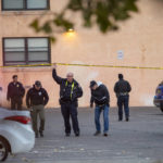 
              New Mexico State Police assists APD officers in investigating a deadly overnight shooting at Coronado Hall Dorms on the University of New Mexico campus on Saturday, Nov. 19, 2022, in Albuquerque, N.M. (Adolphe Pierre-Louis/The Albuquerque Journal via AP)
            