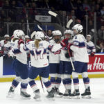 
              U.S. players celebrate Hannah Brandt's goal against Canada during the first period of a Rivalry Series hockey game Tuesday, Nov. 15, 2022, in Kelowna, British Columbia. (Jesse Johnston/The Canadian Press via AP)
            