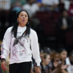 
              South Carolina head coach Dawn Staley watches during the first half of an NCAA college basketball game against Stanford in Stanford, Calif., Sunday, Nov. 20, 2022. (AP Photo/Godofredo A. Vásquez)
            