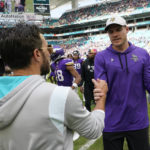 
              Minnesota Vikings head coach Kevin O'Connell, right, greets Miami Dolphins head coach Mike McDaniel after the end of an NFL football game, Sunday, Oct. 16, 2022, in Miami Gardens, Fla. (AP Photo/Wilfredo Lee)
            