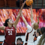 
              Stanford center Lauren Betts (51) blocks a shot by Pacific forward Madelene Ennis (33) during the second half of an NCAA college basketball game in Stockton, Calif., Friday, Nov. 11, 2022. (AP Photo/Godofredo A. Vásquez)
            