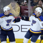 
              St. Louis Blues' Tyler Pitlick, left, celebrates his goal with Nikita Alexandrov during the second period of an NHL hockey game against the Chicago Blackhawks Wednesday, Nov. 16, 2022, in Chicago. (AP Photo/Charles Rex Arbogast)
            