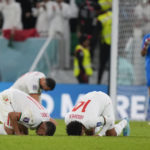 
              Morocco's Romain Saiss, back left, Abdelhamid Sabiri, front left, Zakaria Aboukhlal, front right, and goalkeeper Munir Mohamedi, back right, react after the World Cup group F soccer match between Belgium and Morocco, at the Al Thumama Stadium in Doha, Qatar, Sunday, Nov. 27, 2022. (AP Photo/Frank Augstein)
            