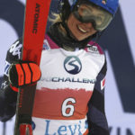 
              United States' Mikaela Shiffrin reacts after completing an alpine ski, women's World Cup slalom, in Levi, Finland, Saturday, Nov. 19, 2022. (AP Photo/Alessandro Trovati)
            