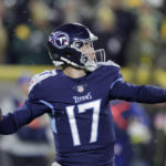 
              Tennessee Titans quarterback Ryan Tannehill (17) throws a pass during the first half of an NFL football game against the Green Bay Packers, Thursday, Nov. 17, 2022, in Green Bay, Wis. (AP Photo/Matt Ludtke)
            