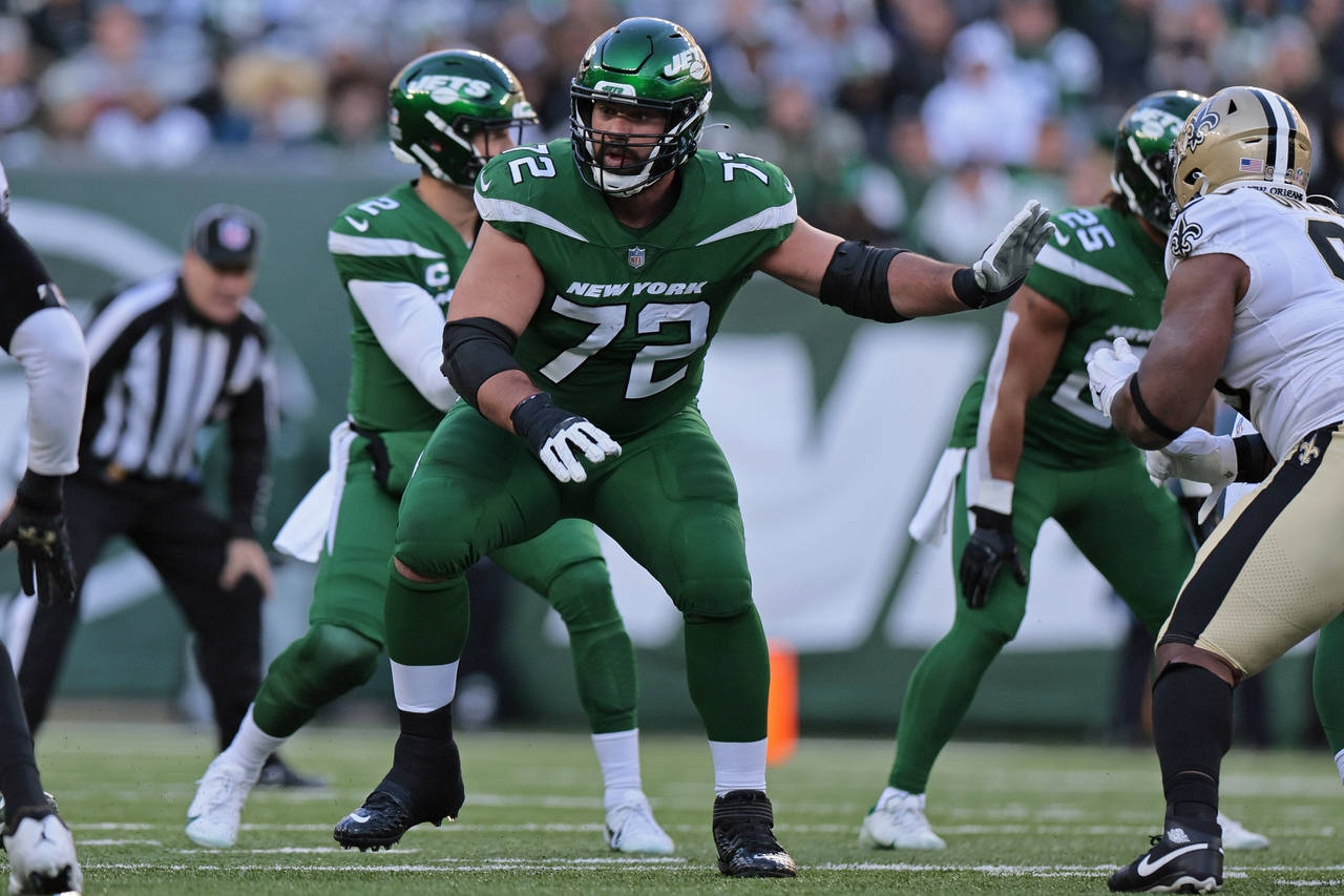 FILE - New York Jets guard Laurent Duvernay-Tardif (72) blocks during an NFL football game against ...