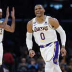 
              Los Angeles Lakers guard Russell Westbrook (0) reacts after scoring against the Cleveland Cavaliers during the first half of an NBA basketball game Sunday, Nov. 6, 2022, in Los Angeles. (AP Photo/Marcio Jose Sanchez)
            