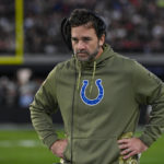 
              Indianapolis Colts interim head coach Jeff Saturday on the sideline in the second half of an NFL football game against the Las Vegas Raiders n Las Vegas, Fla., Sunday, Nov. 13, 2022. (AP Photo/David Becker)
            