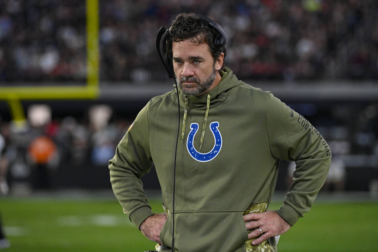 Indianapolis Colts interim head coach Jeff Saturday on the sideline in the second half of an NFL fo...