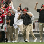 
              Georgia head coach Kirby Smart, center,  reacts along the sideline during the first half of an NCAA college football game against Tennessee, Saturday, Nov. 5, 2022 in Athens, Ga. (AP Photo/John Bazemore)
            