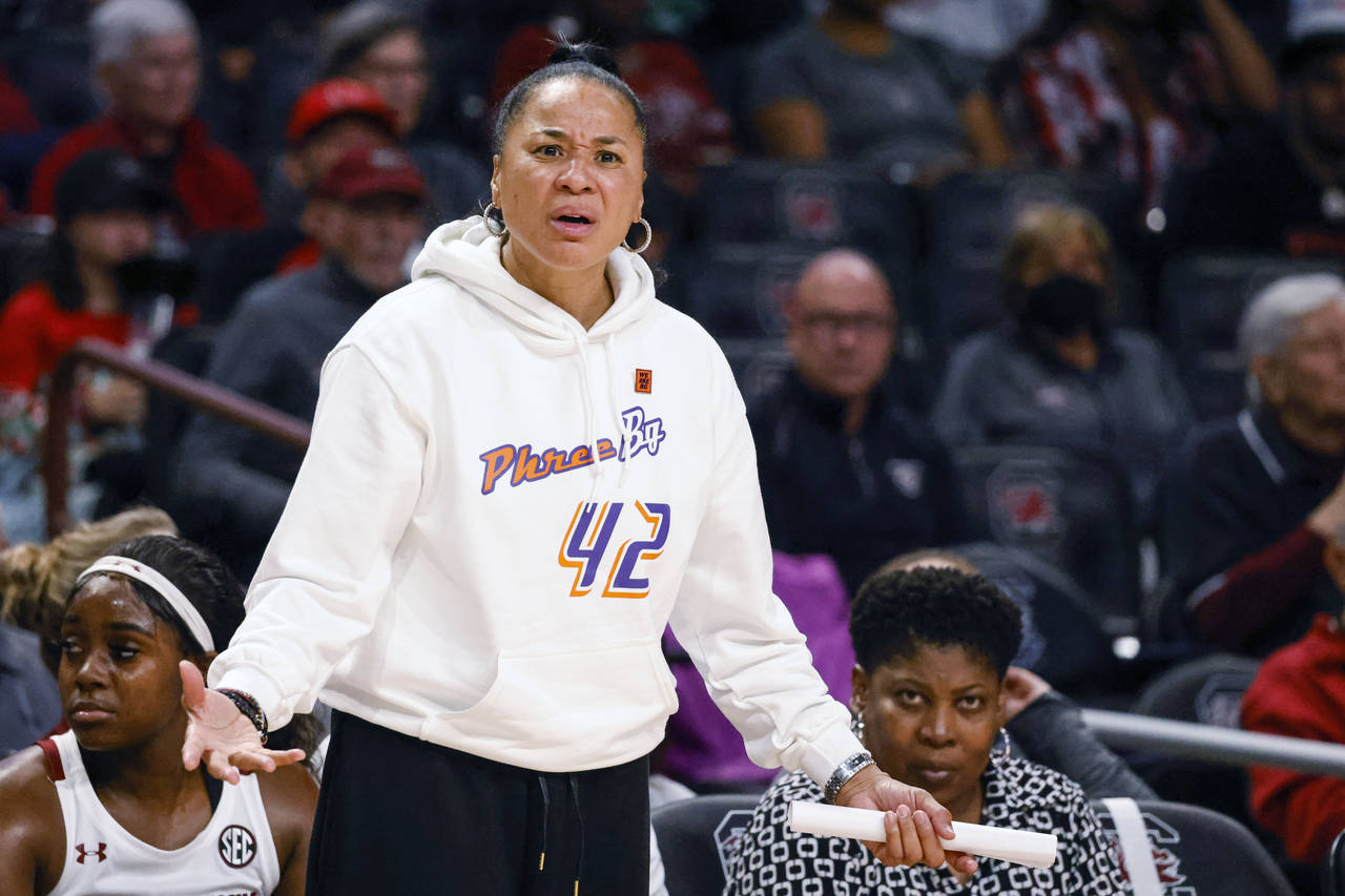 South Carolina head coach Dawn Staley reacts to an official's call during the second half of an NCA...