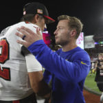 
              Tampa Bay Buccaneers quarterback Tom Brady is congratulated by Los Angeles Rams head coach Sean McVay after an NFL football game between the Los Angeles Rams and Tampa Bay Buccaneers, Sunday, Nov. 6, 2022, in Tampa, Fla. The Buccaneers defeated the Rams 16-13. (AP Photo/Mark LoMoglio)
            