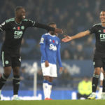 
              Leicester City's Youri Tielemans, right, celebrates scoring his side's first goal of the game with teammate Boubakary Soumare, during  the English Premier League soccer match between Everton and Leicester City at Goodison Park, in Liverpool, England, Saturday, Nov. 5, 2022. (Isaac Parkin/PA via AP)
            