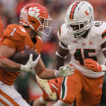 
              Clemson running back Will Shipley (1) runs with the ball in the first half of an NCAA college football game against Miami on Saturday, Nov. 19, 2022, in Clemson, S.C. (AP Photo/Jacob Kupferman)
            