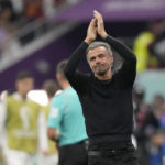 
              Spain's head coach Luis Enrique claps his hands during the World Cup group E soccer match between Spain and Germany, at the Al Bayt Stadium in Al Khor , Qatar, Sunday, Nov. 27, 2022. (AP Photo/Matthias Schrader)
            