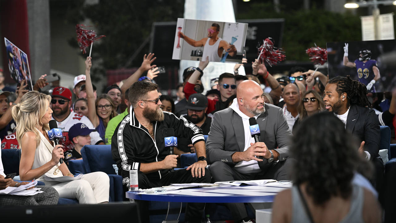 Thursday Night Football reporters, from left, Charissa Thompson, Ryan Fitzpatrick, Andrew Whitworth...