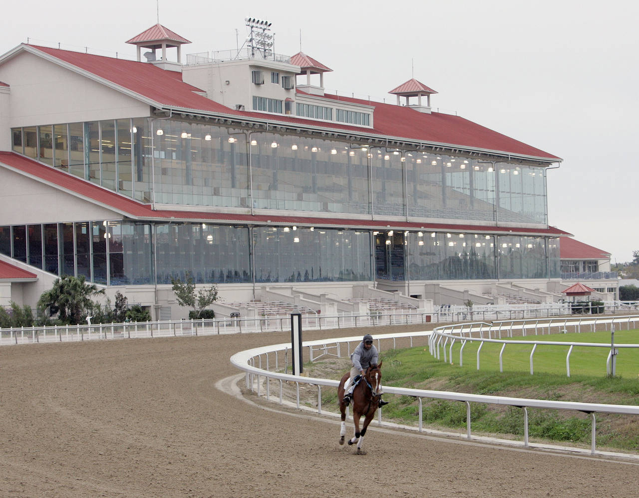 FILE - A hore goes through an early morning workout for the first time since Hurricane Katrina at t...