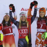 
              From left, second placed Switzerland's Wendy Holdener, the winner United States' Mikaela Shiffrin and third placed Slovakia's Petra Vlhova celebrate after completing an alpine ski, women's World Cup slalom, in Levi, Finland, Sunday, Nov. 20, 2022. (AP Photo/Alessandro Trovati)
            