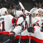 
              Ottawa Senators defenseman Artem Zub, second from right, celebrates his goal with teammates during the second period of an NHL hockey game against the Anaheim Ducks Friday, Nov. 25, 2022, in Anaheim, Calif. (AP Photo/Ringo H.W. Chiu)
            