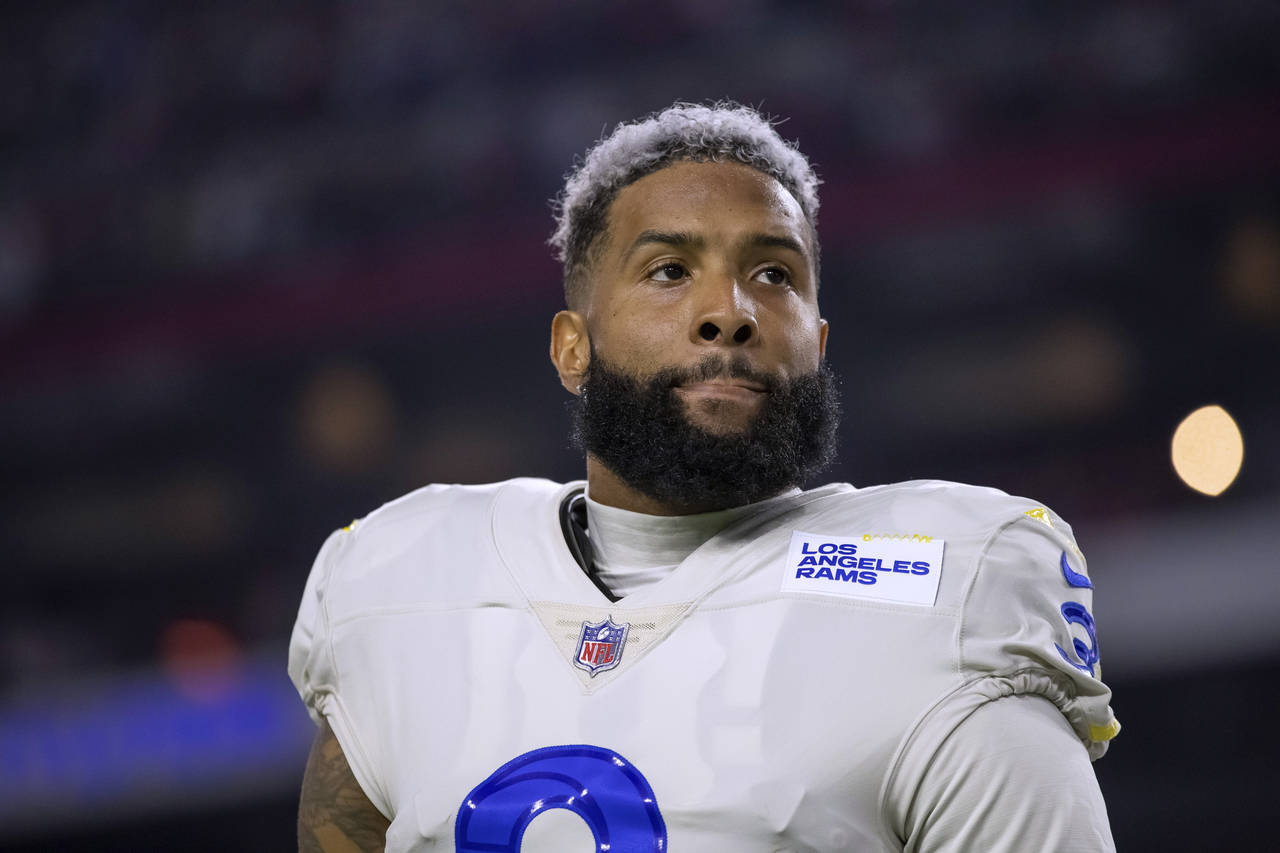 FILE - Los Angeles Rams wide receiver Odell Beckham Jr. stands for the national anthem before the t...
