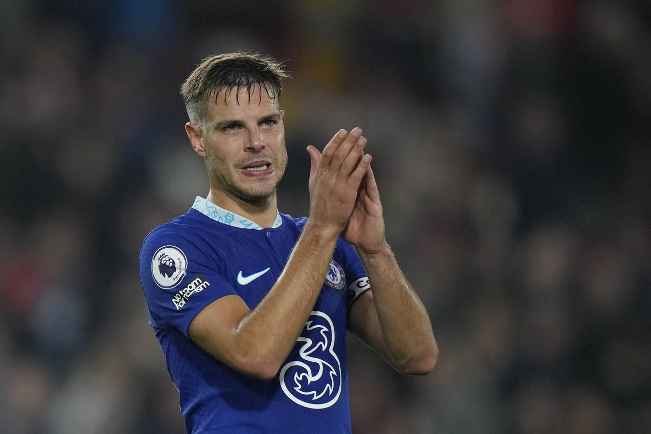 FILE - Chelsea's Cesar Azpilicueta applauds fans at the end of the English Premier League soccer ma...