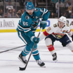 
              San Jose Sharks defenseman Erik Karlsson (65) looks to pass against the Florida Panthers during the second period of an NHL hockey game in San Jose, Calif., Thursday, Nov. 3, 2022. (AP Photo/Godofredo A. Vásquez)
            