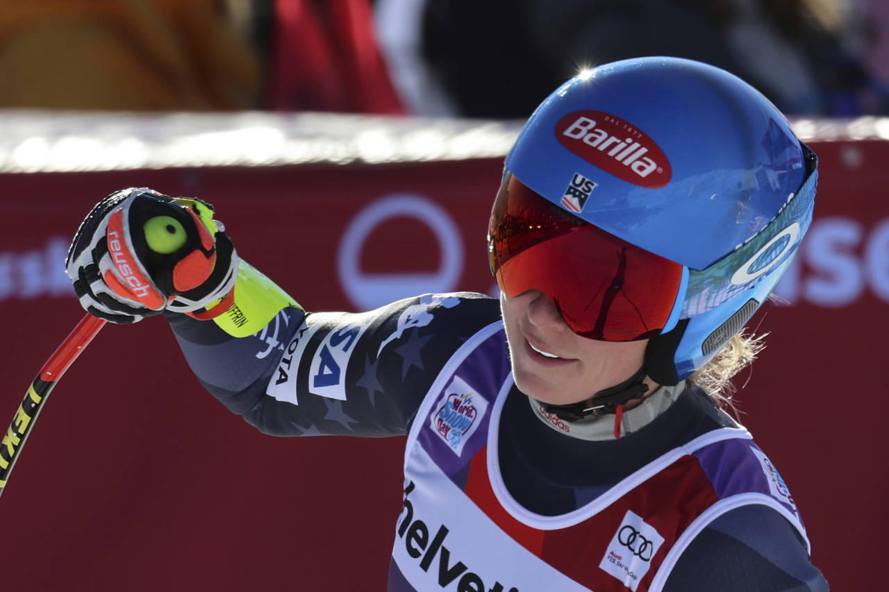 United States' Mikaela Shiffrin reacts after crossing the finish line to complete an alpine ski, wo...