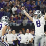 
              Kansas State's Ty Zentner (8) and Jack Blumer (43) celebrates Zentner's field goal in overtime of the Big 12 Conference championship NCAA college football game against TCU, Saturday, Dec. 3, 2022, in Arlington, Texas. (AP Photo/LM Otero)
            