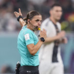 
              Referee Stephanie Frappart in action during during the World Cup group E soccer match between Costa Rica and Germany at the Al Bayt Stadium in Al Khor, Qatar, Thursday, Dec. 1, 2022. (AP Photo/Matthias Schrader)
            