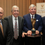 
              FILE -  Members of the England 1966 World Cup winning team, from left, George Cohen, Gordon Banks, Martin Peters and Geoff Hurst pose for the media with the official English Football Association replica of the Jules Rimet trophy, at the Royal Garden Hotel in London Tuesday, Jan. 5, 2016. George Cohen, the right-back for England World Cup-winning team of 1966, has died aged 83, his former club Fulham have announced on Friday, Dec. 23, 2022. (AP Photo/Alastair Grant, File)
            