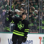 
              Dallas Stars left wing Jason Robertson (21) celebrates after his goal against the San Jose Sharks during the first period of an NHL hockey game in Dallas, Saturday, Dec. 31, 2022. (AP Photo/Michael Ainsworth)
            