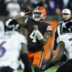 
              Cleveland Browns quarterback Deshaun Watson (4) throws a pass during the first half of an NFL football game against the Baltimore Ravens, Saturday, Dec. 17, 2022, in Cleveland. (AP Photo/Ron Schwane)
            