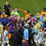 
              A scuffle breaks out between players during the World Cup quarterfinal soccer match between the Netherlands and Argentina, at the Lusail Stadium in Lusail, Qatar, Friday, Dec. 9, 2022. (AP Photo/Thanassis Stavrakis)
            
