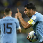 
              Uruguay's Luis Suarez shouts during the World Cup group H soccer match between Ghana and Uruguay, at the Al Janoub Stadium in Al Wakrah, Qatar, Friday, Dec. 2, 2022. (AP Photo/Ashley Landis)
            